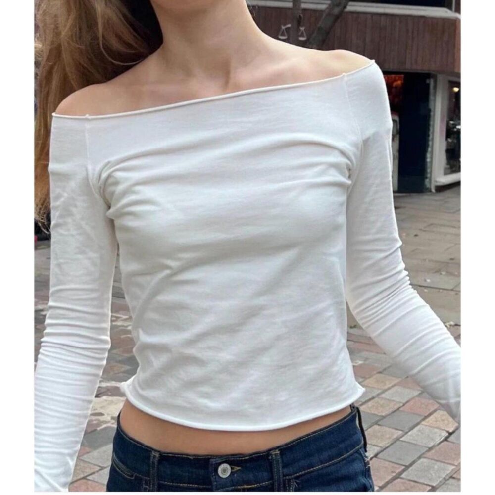 Brandy Melville white cotton boatneck longsleeve